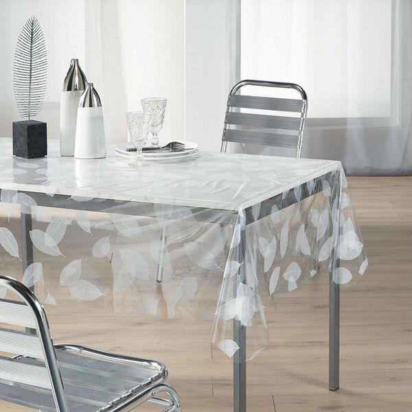 Douceur d'intérieur Tischdecke Wachstuch, transparent, 140x240 cm, weiße Blätter-Motiv (Tischdecken 1-tlg)