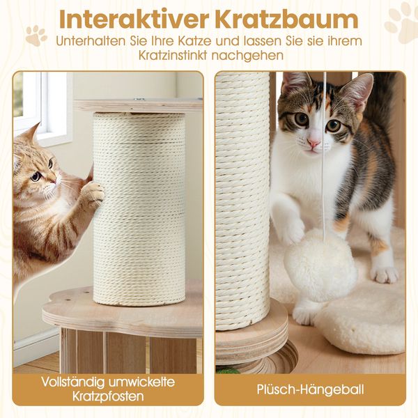 Holz-Kratzbaum 3-stöckiger niedlicher Katzenbaum mit Höhle Raumkapsel Kratzpfosten Holzkugelbahn-Spielzeug Natur Bild 4