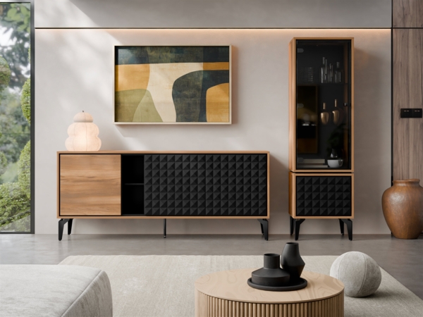 Wohnzimmer-Set Ewido I (Farbe: Barockeiche Amber / Barockeiche Amber + Schwarz)