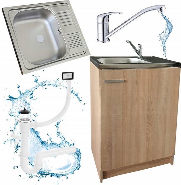 STAMAR Spülenschrank Küchenschrank 60cm Sonoma Spüle Abtropf Armatur Chrom Set Kompakt Standschrank Siphon Geschirrspüler Komplett Montagefertig Set