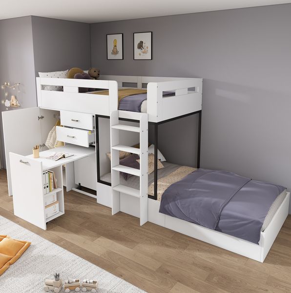 Etagenbett 90x200 cm mit ausziehbarem Schreibtisch, Garderobe und 2 Schubladen – Kinderbett aus MDF in Weiß/Schwarz