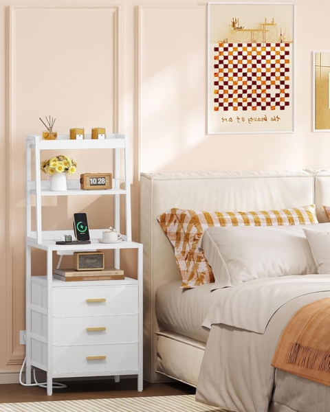 Nachttisch 2er Set mit Standregal, 2 Steckdosen und 2 USB-Anschlüsse, Beistelltisch mit 3 Schubladen, Modern, für Schlafzimmer, Wohnzimmer, 35 x 40 x 105 cm Weiß