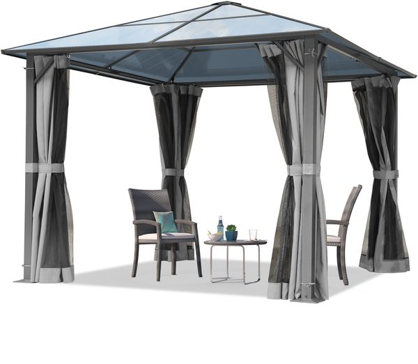 TOOLPORT Gartenpavillon 3x3 m Polycarbonat Dach ca. 6 mm - Hardtop Pavillon mit 4 Seitenteilen und Moskitonetzen in grau