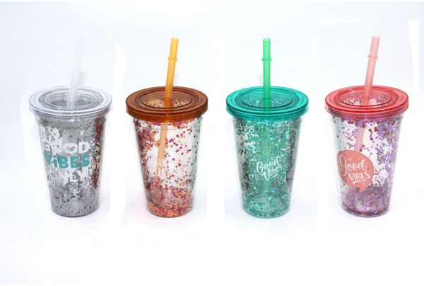 Trinkbecher Glitzer 300 ml mit Deckel & Trinkhalm – Kunststoffbecher in verschiedenen Farben, doppelwandig, wiederverwendbar & bruchfest