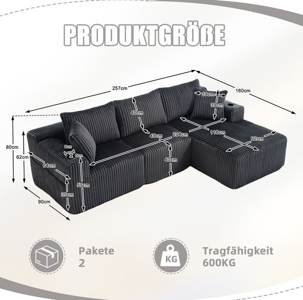 Modulares Sofa 257x90–160x62 cm in Grau – Cordbezug mit Chaiselongue, 5 Kissen, Seitentaschen & Cupholder Bild 10
