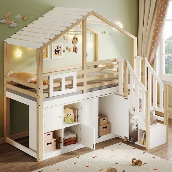 Hochbett 90x200 Hausbett mit Stauraumleiter & Schließfächern, Kinderbett Massivholz Weiß Natur