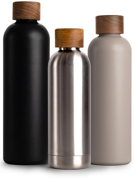 T&N Edelstahl Trinkflasche 500ml, Thermosflasche 0.5l mit Akazienholz Deckel, Isolierte Wasserflasche auslaufsicher bei Kohlensäure, Isolierflasche 500 ml - Silver