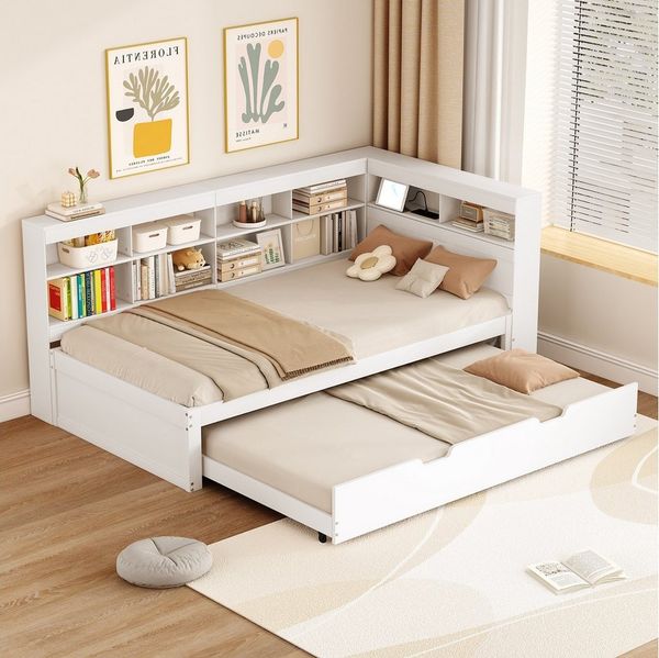 Flieks Massivholzbett, Einzelbett 90x200cm mit Stauraum, USB-Aufladen und Unterbett 90x190cm