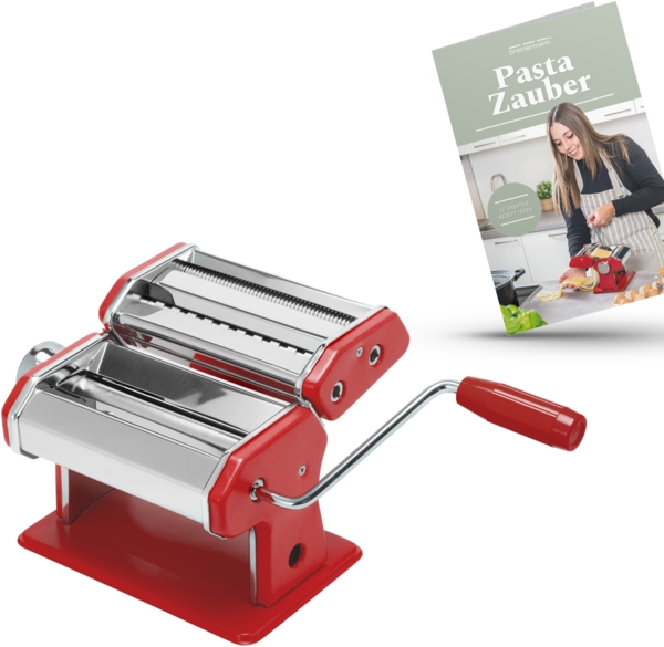 manuelle Nudelmaschine Edelstahl/Metall ROT - inkl. Rezeptbuch - für Spaghetti, Pasta und Lasagne (7 Stufen)