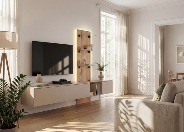 ASM-Moebel Wohnwand Anbauwand Wohnwand Luzz mit Push-Click Lamellenoptik Front und LED, Mit Led Beleuchtung, Lamellenoptik Front und Push-Click System