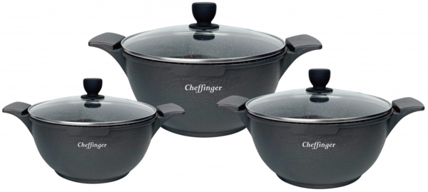 Kochtopf Kasserolle Topf Set 6-tlg mit Glasdeckel Cheffinger schwarz LC-01