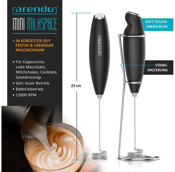 Arendo Milchkännchen mit Stab Milchaufschäumer elektrisch Handmilchaufschäumer + Milchkanne, 0,35 l, Edelstahl, 350ml mit Messskala, Schneebesen und Dual-Quirl