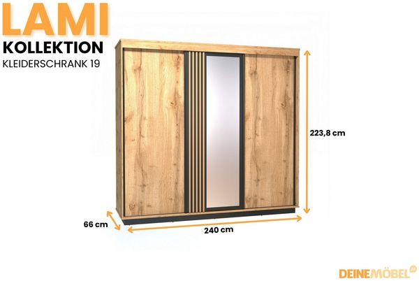 Deine Möbel 24 Schwebetürenschrank LAMI 19 Kleiderschrank 240 cm, mit Spiegel (Viel Stauraum für Kleidung, Schuhe, Taschen & mehr, 1-St, ideal für Schlafzimmer, Flur, Garderobe) Schrank mit Spiegel in Wotan Eiche & Schwarz Matt & Lamellen