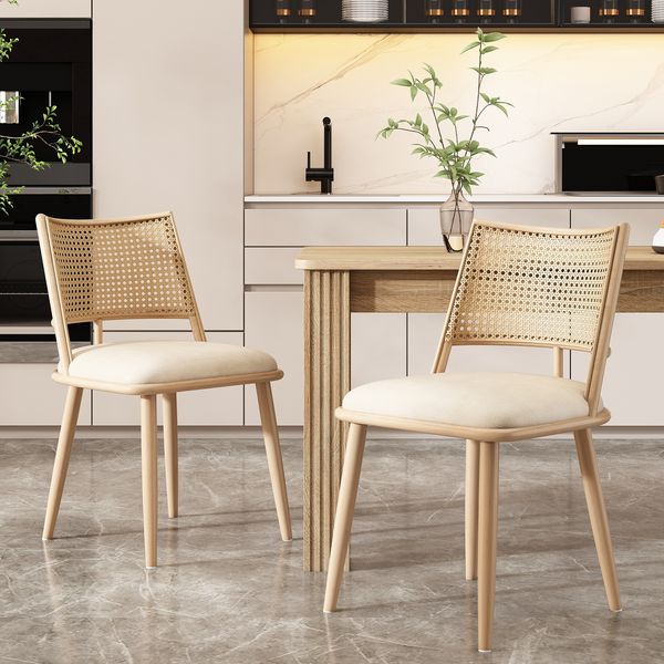 Stuhl ca. Maße 48*50*80 cm, Rattan mit PU-Sitz, Beige, 6,9 kg, belastbar bis 120 kg,2er-Set