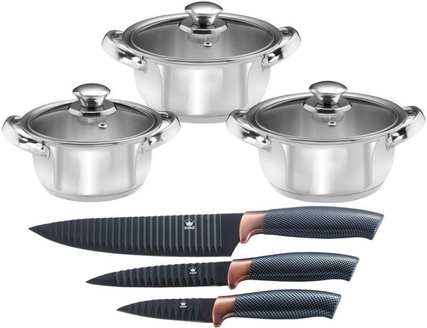 KING Topf-Set EDELSTAHL, Edelstahl (Set, 9-tlg, 3 Töpfe Ø 16/18/20 cm inkl. Glasdeckel, 3 Messer), Induktion