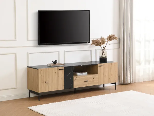 Vente-unique - LIOMENA TV unit Holz, Platte SchwarzBeige - B 40 cm x H 55 cm x L 180 cm
