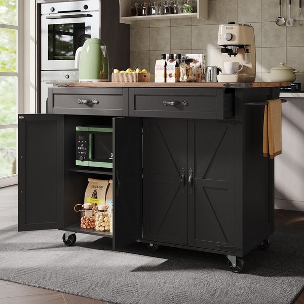 Celya Küchenwagen Kücheninsel, Servierwagen mit ausziehbarer Arbeitsplatte, (Speisewagen mit Holzmaserung, Schwarz, Speisewagen mit vier Türen und zwei Schubladen), Küchenschrank,Küchentrolley,Kücheninselwagen