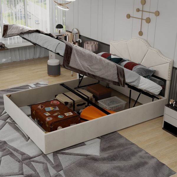 Flieks Doppelbett 140x200cm, Polsterbett mit Kopfteil, Bettkasten & Stauraum, Einzigartiges Nietendesign, Beige
