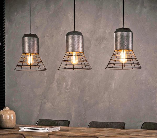 Pendelleuchte Hängeleuchte SHUTTLE mit 3 Schirmen Silber Antik Look