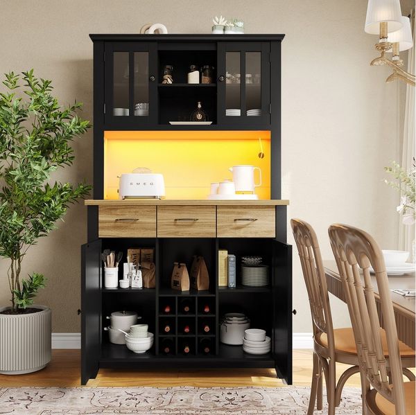 Flieks Küchenbuffet mit Schubladen, Glastüren und Weinregal (mit Arbeitsplatte und verstellbaren Ablagen, 1-St, 106x40x179,5 cm) Hochschrank mit LED Küchenschrank Bücherschrank Buffetschrank weiß