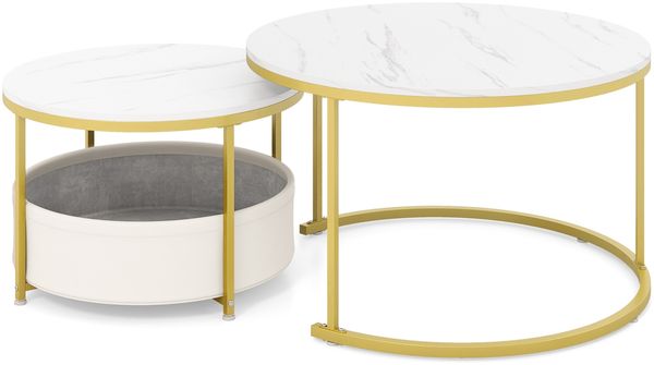 2er-Set runder Couchtisch runde Cocktailtische mit Stoff-Aufbewahrungskorb & Metallrahmen verschachtelbarer Beistelltisch Weiß