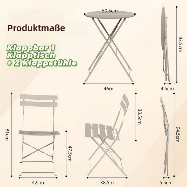 TLGREEN Balkonset Gartenmöbel Bistro Set Metall, (UV-Beständig & Rostfrei, Wetterfest, Balkonmöbel Klappbar für Balkon, Terrasse, Café, Garten), Outdoor Sitzgarnitur, 2 Klappstuhl 1 Klapptisch