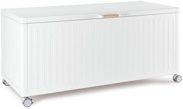 Gartentruhe Ocean aus Aluminium, modern, weiß, pflegeleicht mit Gaskolben und Rollen