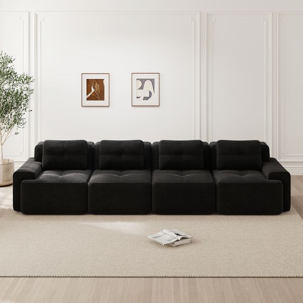 Sofa, 4-Sitzer modular, Sitzfläche Tiefe 74 cm, Cordstoff Schwarz, 32D-Schaum, boneless Komfort, rutschfeste Basis,382*104*69 cm