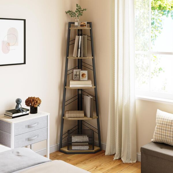 YITAHOME Eckregal, 5-stöckiges Leiterregal, Industrielles Bücherregal, Bodenstehendes Regal, Offenes Standregal aus Holz, für Wohnzimmer, Flur, Schlafzimmer, Home-Office, Eichenfarbe Lagerregal
