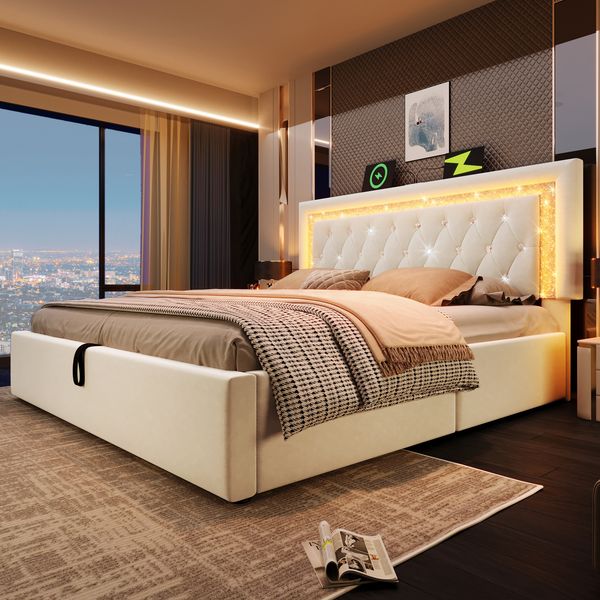 Polsterbett 180×200 cm mit LED, USB-C, hydraulischem Bettkasten, verstellbarem Kopfteil, Beige, ohne Matratze