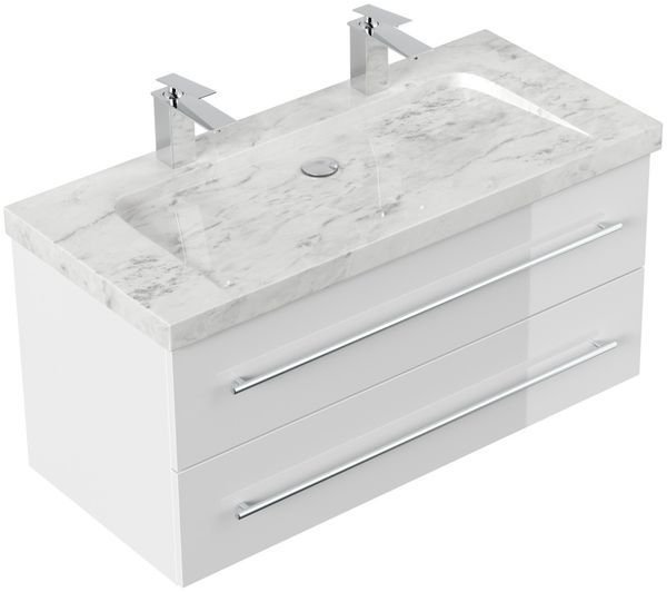 Badmöbel Marmor Carrara White Damo 100 cm 2 Hahnlöcher SoftClose weiß hochglanz : Weiss hochglanz