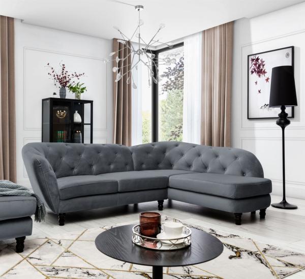 Ecksofa Designersofa CHARLOTTE in Stoff Matt Velvet Anthrazit Ottomane Rechts