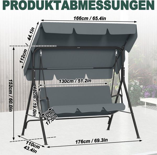 FIVMEN Hollywoodschaukel Gartenschaukel 3-Sitzer Gartenliege Schaukelbank Garten Schaukel, 176x110x152cm, Metall Hängeschaukel mit Verstellbarem Sonnendach Liegefunktion