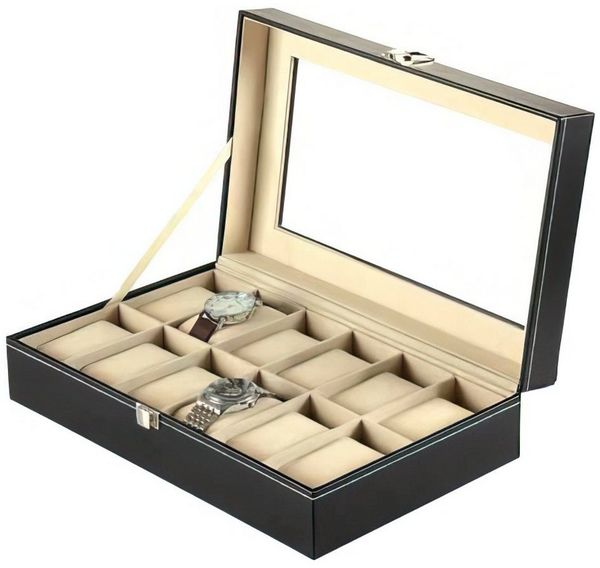 Sinoba Uhrenbox Uhrenkoffer Uhrenbox für Uhrensammlung in Leder-Optik Echtglas-Fenster