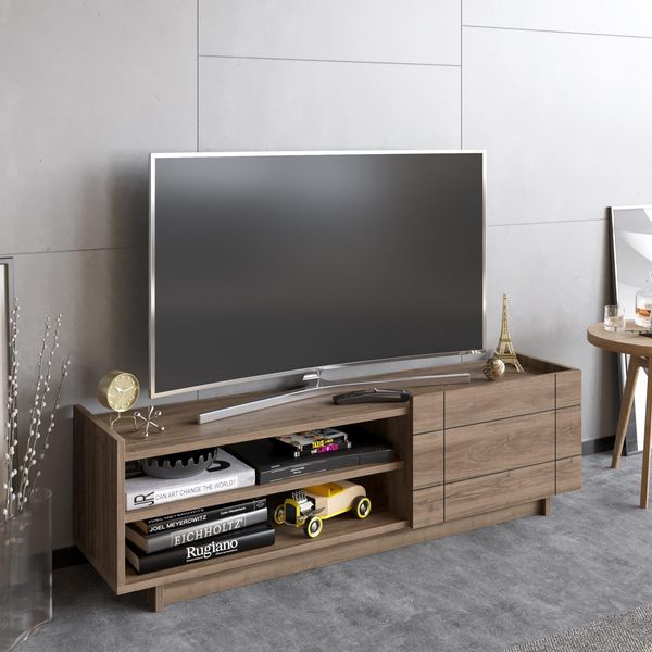 Hanah Home Stylish Walnut TV Stand, 140 cm | 100% Melamine Coated Particle Board, 18 mm Thick | Wall-Mountable, Multiple Shelves, Modern Design for Living Room