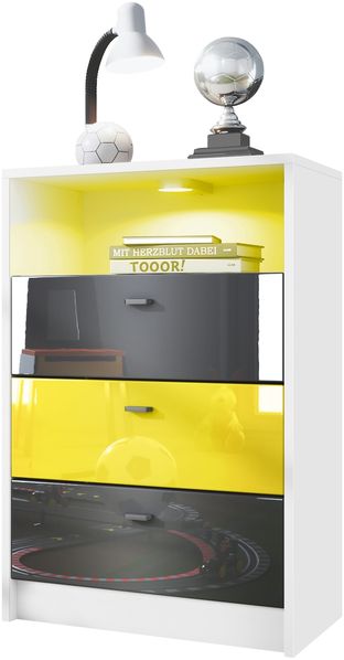 Vladon Kommode Pino V2 Fußball Bundesliga Fanartikel Dortmund, Kinderzimmer Anrichte in Weiß matt mit 3 Schubladen in Schwarz, Gelb & Schwarz Hochglanz inkl. LED (56 x 86,5 x 36 cm)