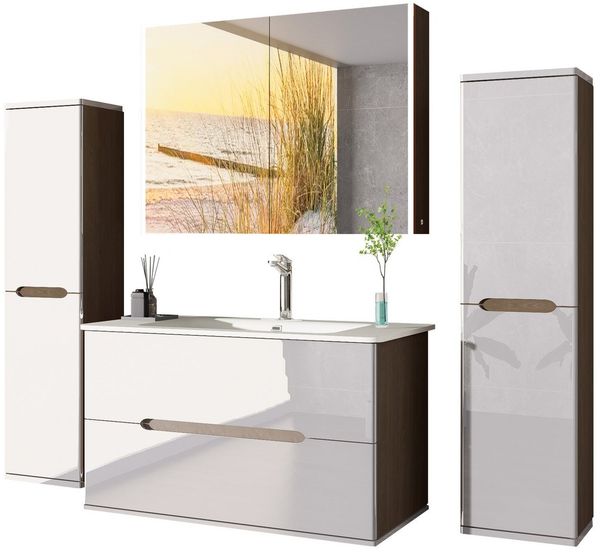 Homeline Badmöbel-Set Sky Badmoebel Set Schwarz Weiß Eiche Hochschglanz Spiegelschrank, (Spar Set, 5-St, Bad Möbel set besteht aus 5 Teilen), Spiegelschrank, Hochglanz