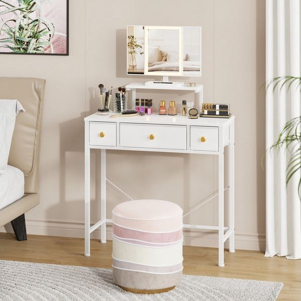 OYRREU Schminktisch inkl. 3-fach Spiegel mit Beleuchtung, Schreibtisch, Beistelltisch weiß (Schminkkommode 1-St), Kosmetiktisch, Stoffschubladen, platzsparend, Kompaktes Design