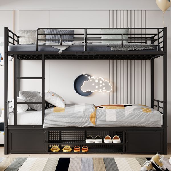Etagenbett 90×200 cm mit Rausfallschutz und Stauraum, Schwarz, ohne Matratze