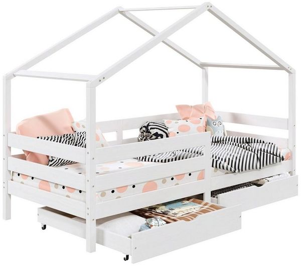 IDIMEX Kinderbett ENA, Hausbett Montessori 90 x 200 Bett Rausfallschutz Kiefer Schubladen Kin