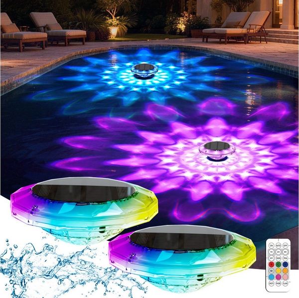 Quntis LED Solarleuchte 2Pack Solarleuchte mit Bewegungsmelder, IP68 Pool Lichter Solarlampen, 12 Modi, Tageslichtweiß, Schwimmende Pool Beleuchtung 9 Farben, Licht Mit Fernbedienung