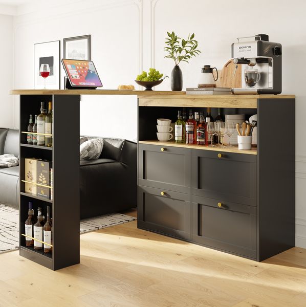 Um 360° drehbarer Bartisch / Sideboard 105x39x102 cm, 4 Schubladen, schwarz/gold
