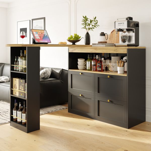 Um 360° drehbarer Bartisch / Sideboard 105x39x102 cm, 4 Schubladen, schwarz/gold