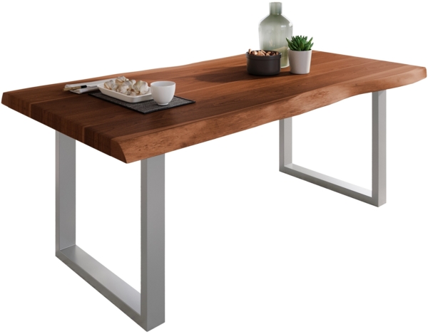 Esstisch Baumkante massiv Akazie Nussbaum 180 x 90 U-Gestell silber ATLAS 140112651