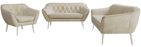 Wohnzimmerset PIRS 1-2-3, Skandinavisches Komplettset, Wellenfederung, weiße Füße, Sitzgruppe, Möbelset - Beige Velvet Bild 7