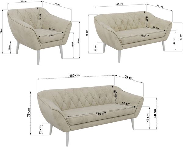 Wohnzimmerset PIRS 1-2-3, Skandinavisches Komplettset, Wellenfederung, weiße Füße, Sitzgruppe, Möbelset - Beige Velvet Bild 5