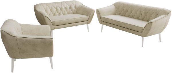 Wohnzimmerset PIRS 1-2-3, Skandinavisches Komplettset, Wellenfederung, weiße Füße, Sitzgruppe, Möbelset - Beige Velvet Bild 8
