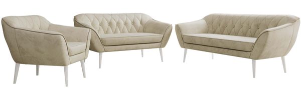 Wohnzimmerset PIRS 1-2-3, Skandinavisches Komplettset, Wellenfederung, weiße Füße, Sitzgruppe, Möbelset - Beige Velvet Bild 6