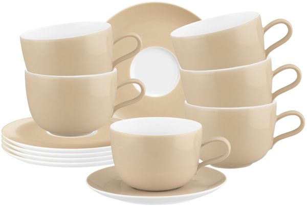 Seltmann Weiden Liberty Pure Colors Milchkaffeetasse mit Untertasse 380 ml 6er Set - Dusty Beige