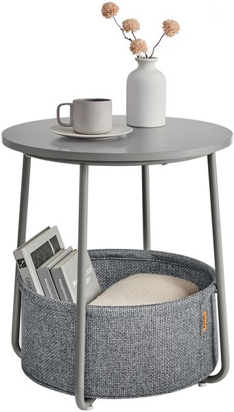 VASAGLE Beistelltisch rund, Kleiner Tisch, Couchtisch klein, Wohnzimmertisch, Korb aus Stoff, Stauraum für Wohnzimmer Schlafzimmer, Nachttisch modern, Taubengrau-schiefergrau LET223GD01
